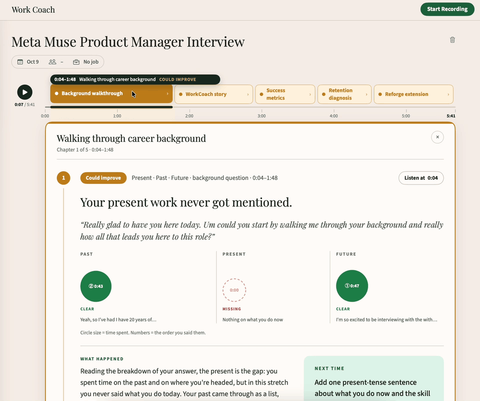The Work Coach coaching page for a product manager interview: clicking through the chapters, each with a coaching point, a quote, a case flow and an issue tree